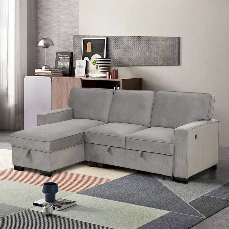 Canapé-lit d'angle réversible avec lit gigogne, ports USB, porte-gobelets et méridienne de rangement