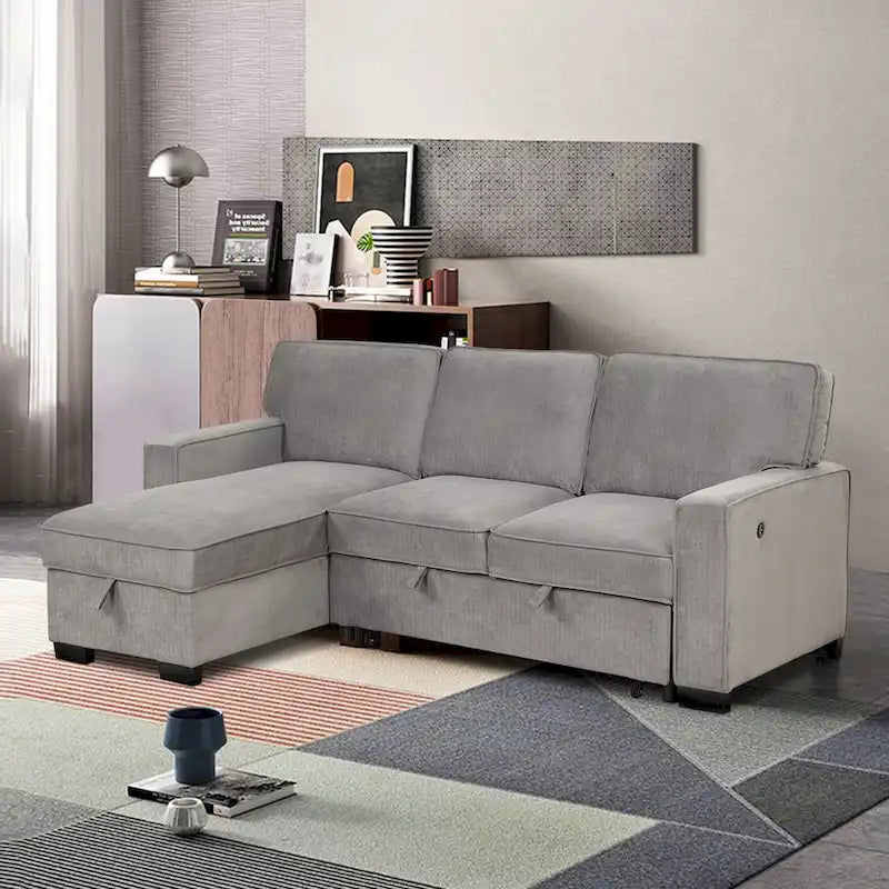 Canapé-lit d'angle réversible avec lit gigogne, ports USB, porte-gobelets et méridienne de rangement