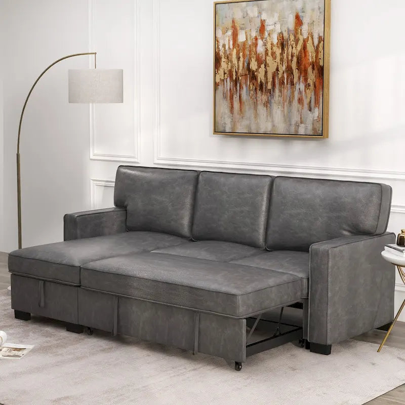 Canapé-lit d'angle réversible avec lit gigogne, ports USB, porte-gobelets et méridienne de rangement