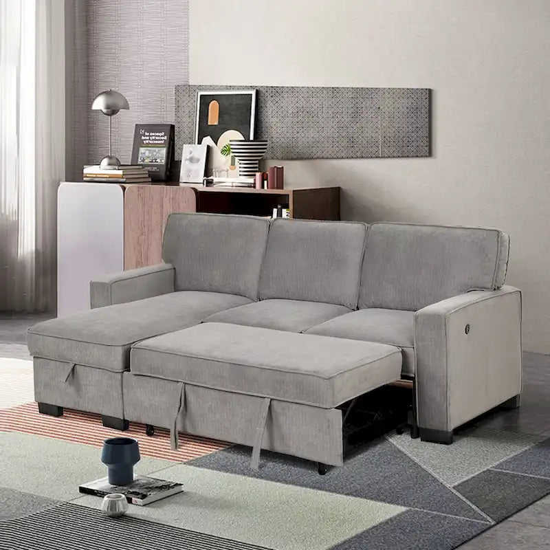 Canapé-lit d'angle réversible avec lit gigogne, ports USB, porte-gobelets et méridienne de rangement