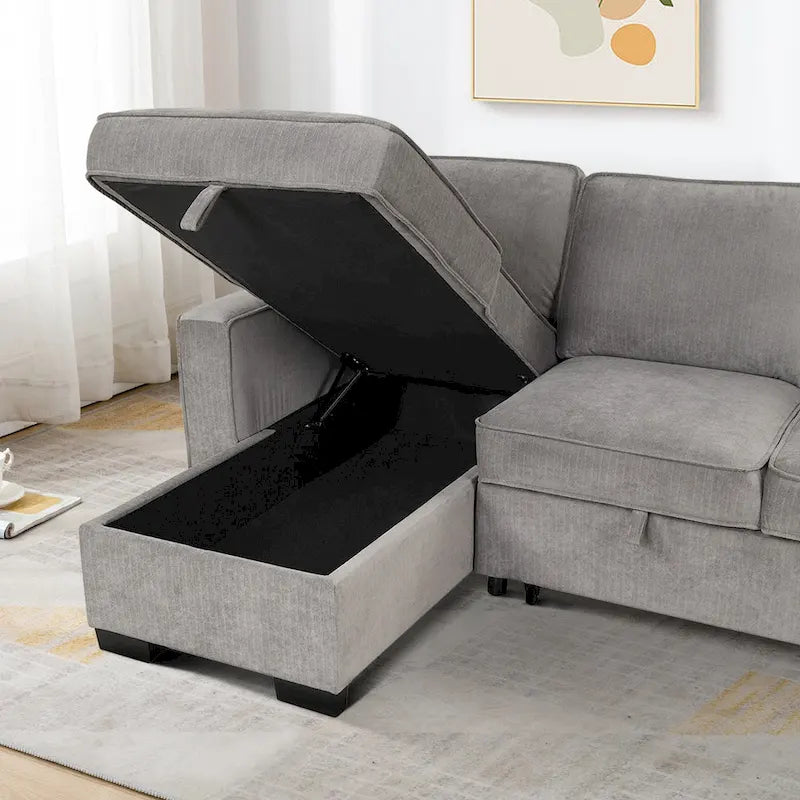 Canapé-lit d'angle réversible avec lit gigogne, ports USB, porte-gobelets et méridienne de rangement
