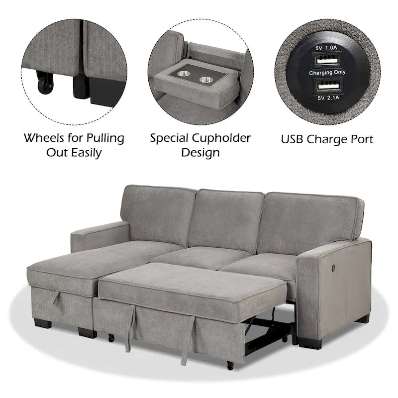 Canapé-lit d'angle réversible avec lit gigogne, ports USB, porte-gobelets et méridienne de rangement