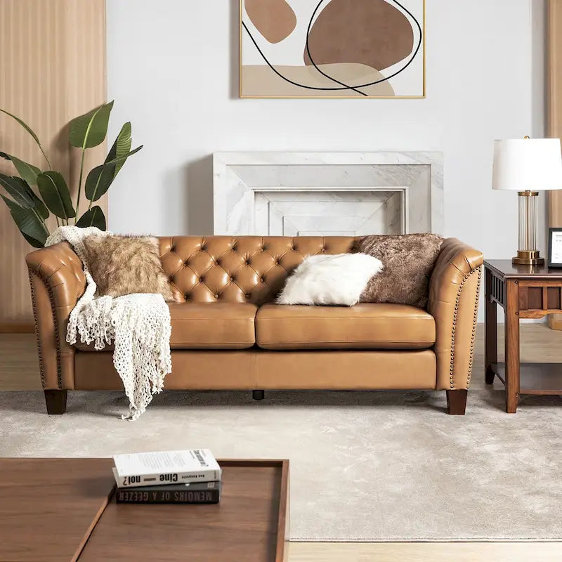 Canapé 210 cm en cuir véritable capitonné de style Chesterfield