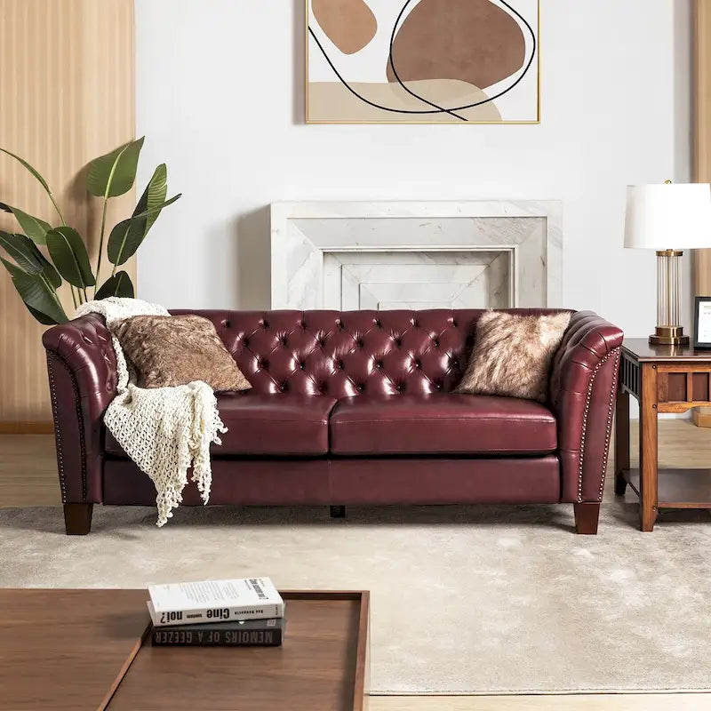 Canapé 210 cm en cuir véritable capitonné de style Chesterfield
