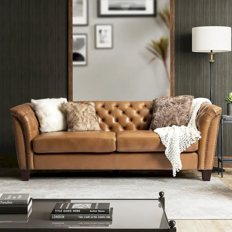 Canapé 210 cm en cuir véritable capitonné de style Chesterfield