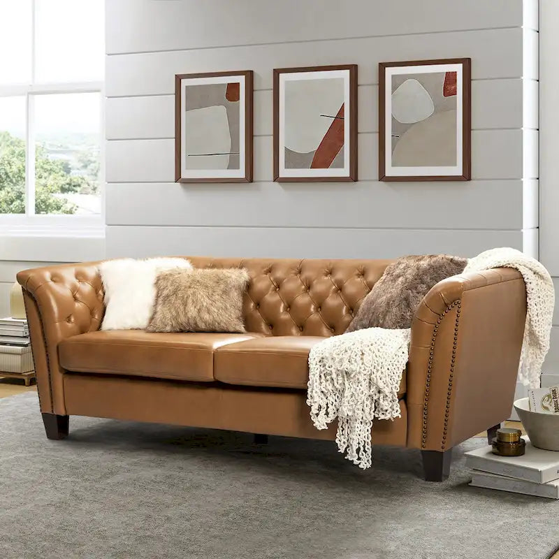 Canapé 210 cm en cuir véritable capitonné de style Chesterfield