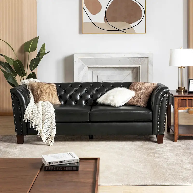 Canapé 210 cm en cuir véritable capitonné de style Chesterfield