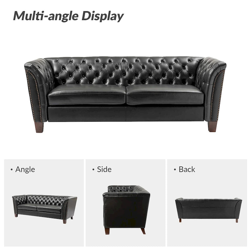 Canapé 210 cm en cuir véritable capitonné de style Chesterfield
