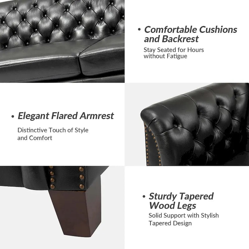 Canapé 210 cm en cuir véritable capitonné de style Chesterfield