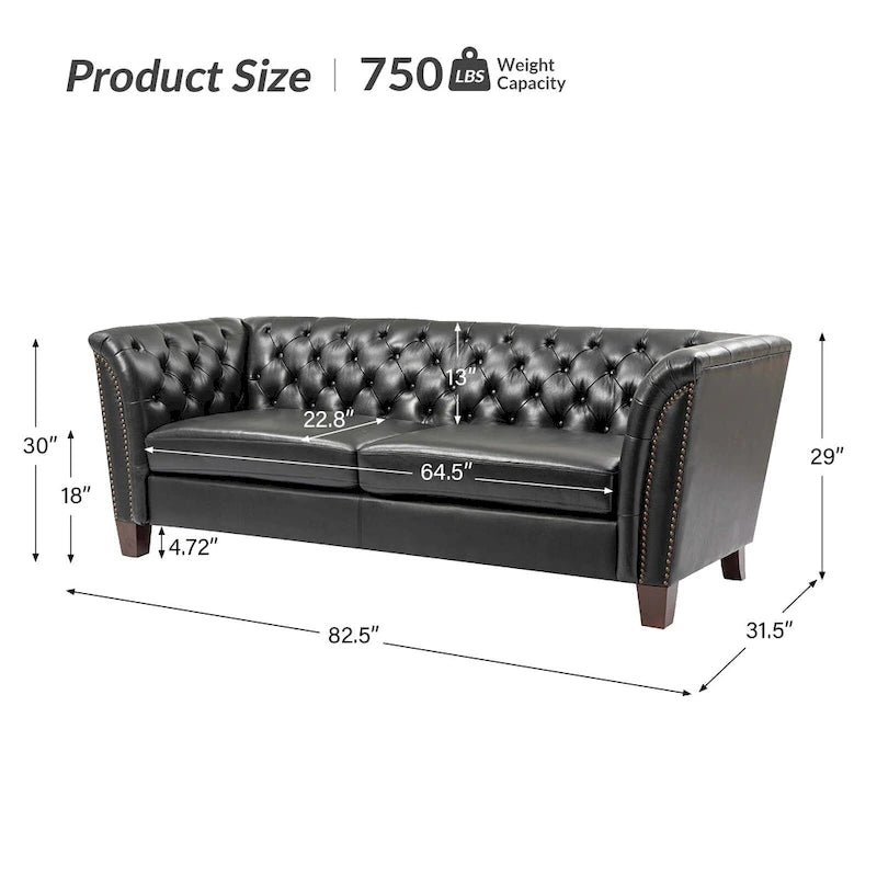 Canapé 210 cm en cuir véritable capitonné de style Chesterfield