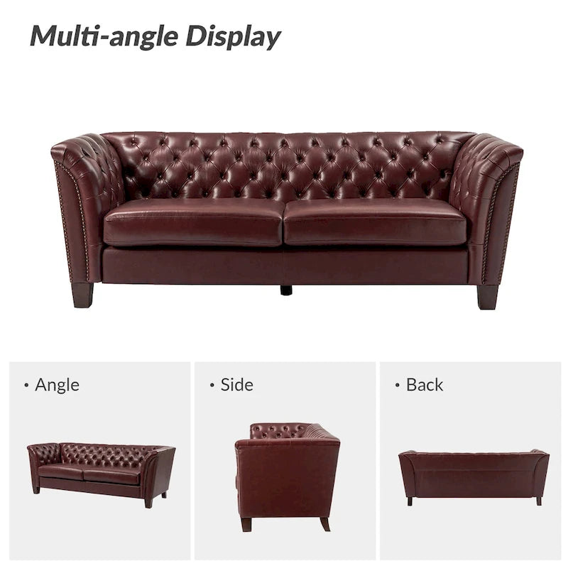 Canapé 210 cm en cuir véritable capitonné de style Chesterfield