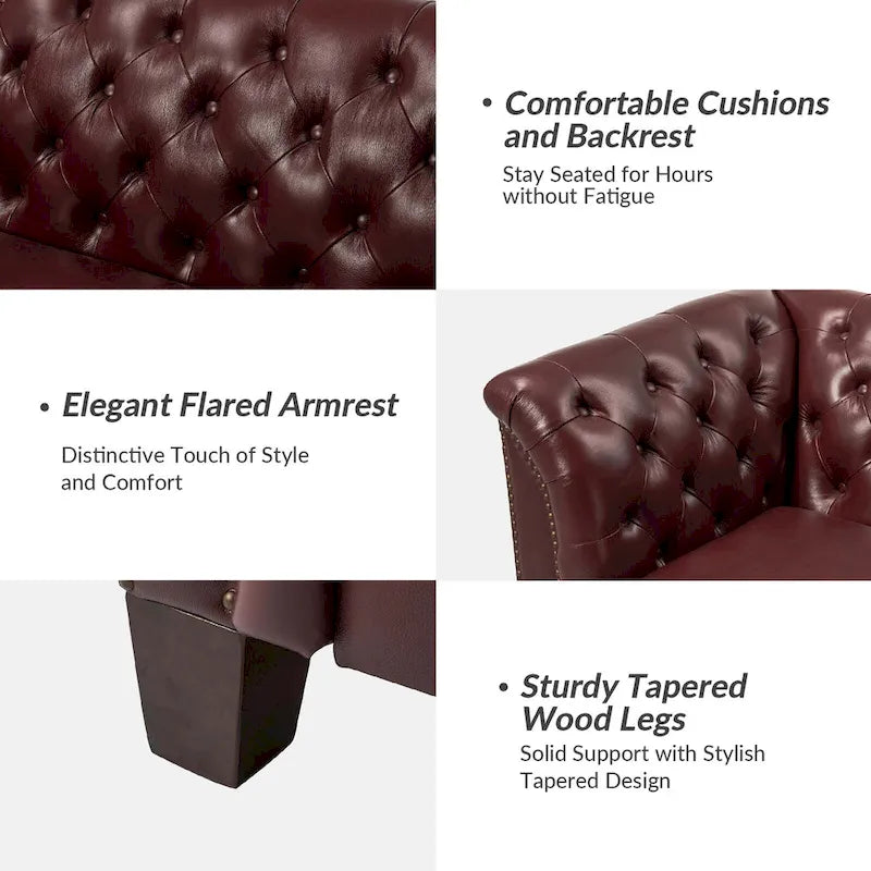 Canapé 210 cm en cuir véritable capitonné de style Chesterfield
