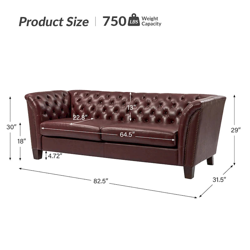 Canapé 210 cm en cuir véritable capitonné de style Chesterfield