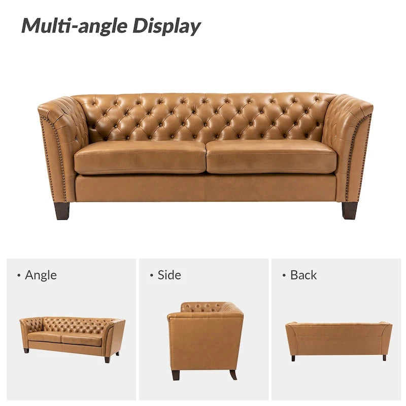 Canapé 210 cm en cuir véritable capitonné de style Chesterfield
