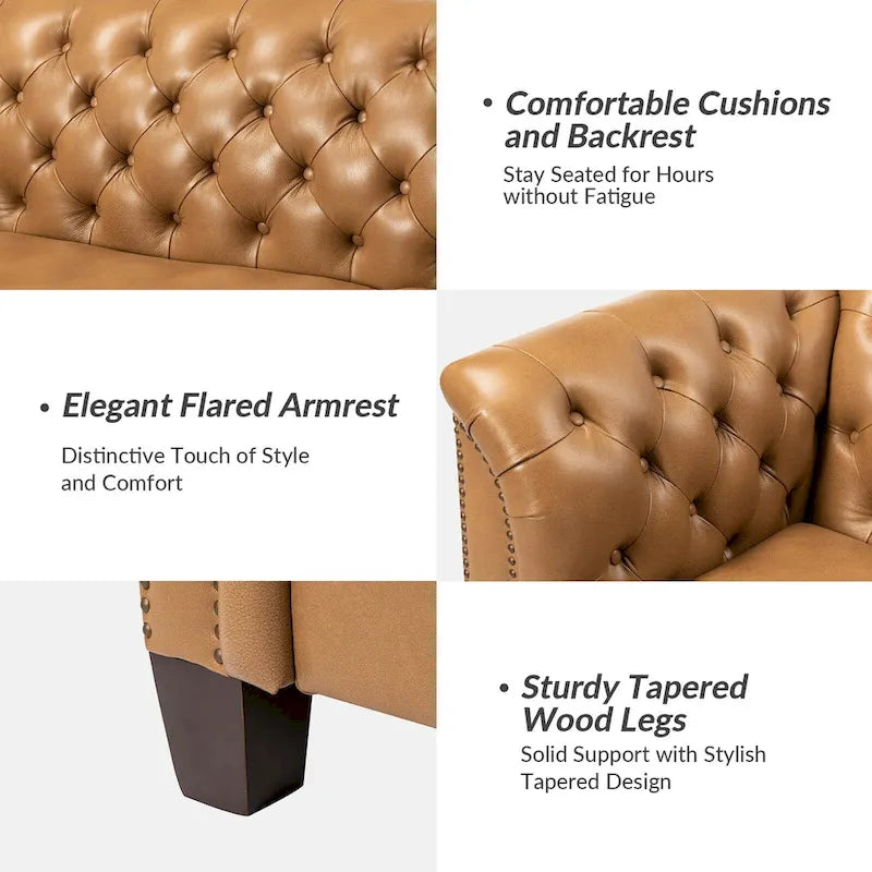 Canapé 210 cm en cuir véritable capitonné de style Chesterfield