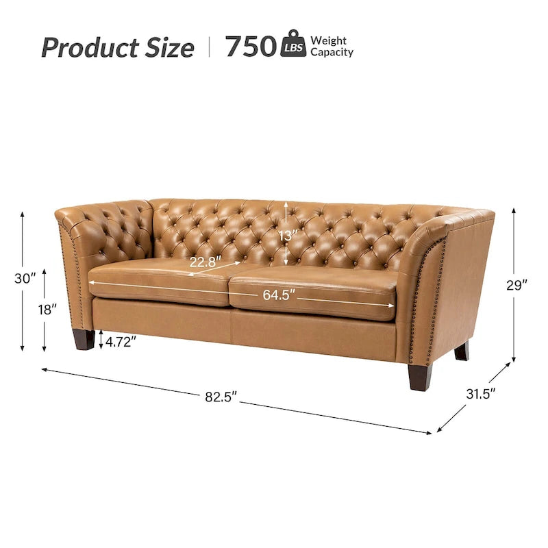 Canapé 210 cm en cuir véritable capitonné de style Chesterfield