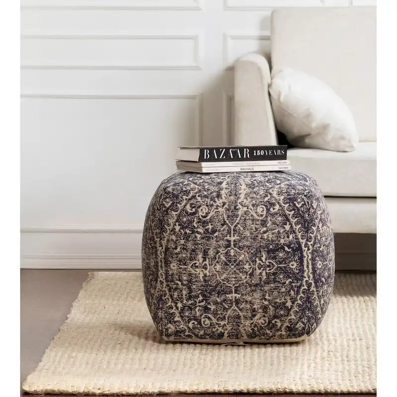 Pouf carré ottoman bleu et ivoire de 20 pouces