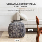 Pouf carré ottoman bleu et ivoire de 20 pouces