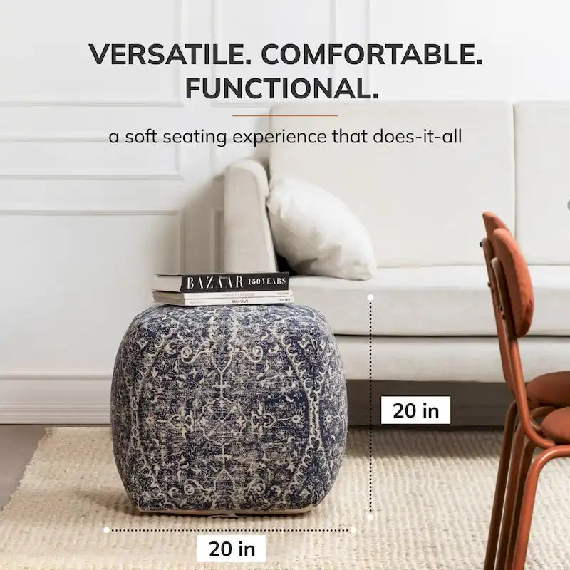 Pouf carré ottoman bleu et ivoire de 20 pouces