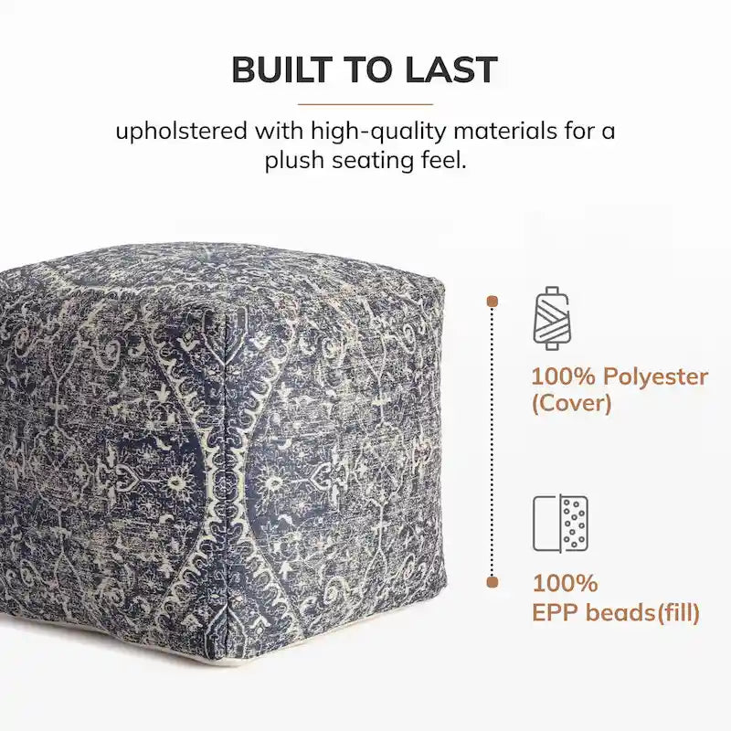 Pouf carré ottoman bleu et ivoire de 20 pouces