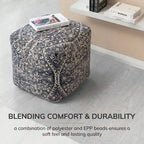 Pouf carré ottoman bleu et ivoire de 20 pouces