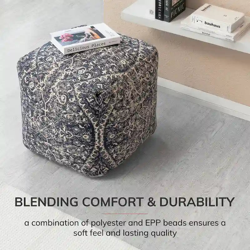 Pouf carré ottoman bleu et ivoire de 20 pouces