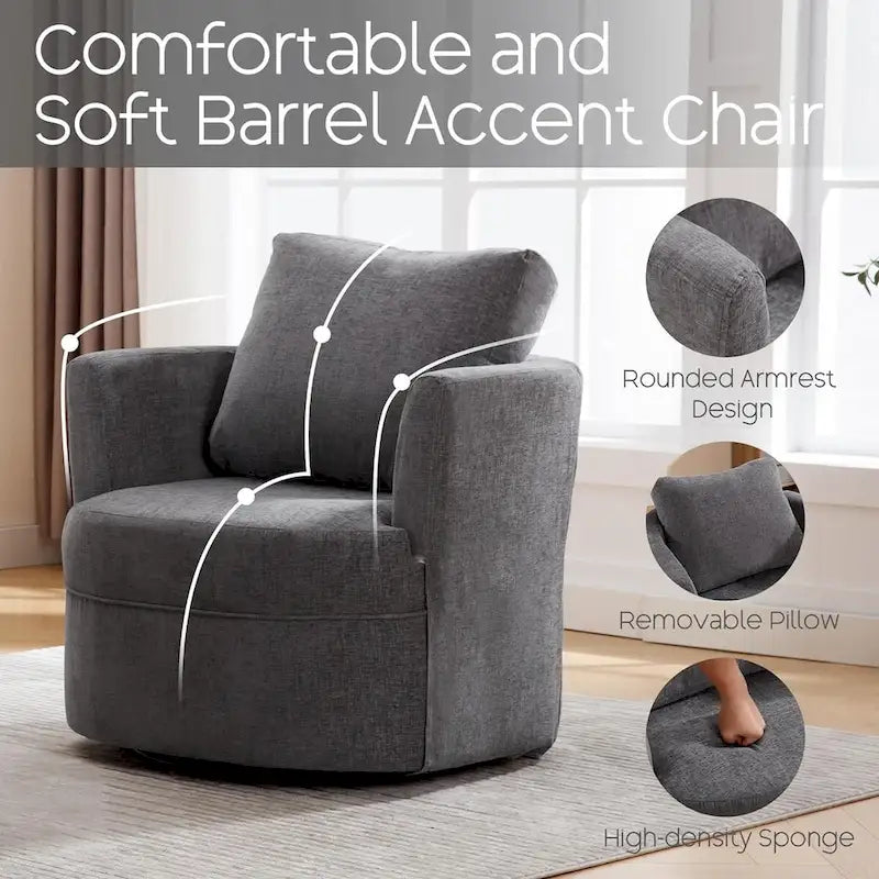 Fauteuil pivotant avec accoudoirs ronds et oreiller lombaire