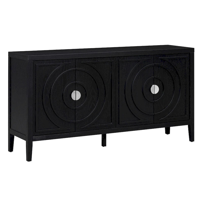 Bahut rétro avec portes à rainures circulaires et poignées rondes en métal – 60L x 16P x 32H