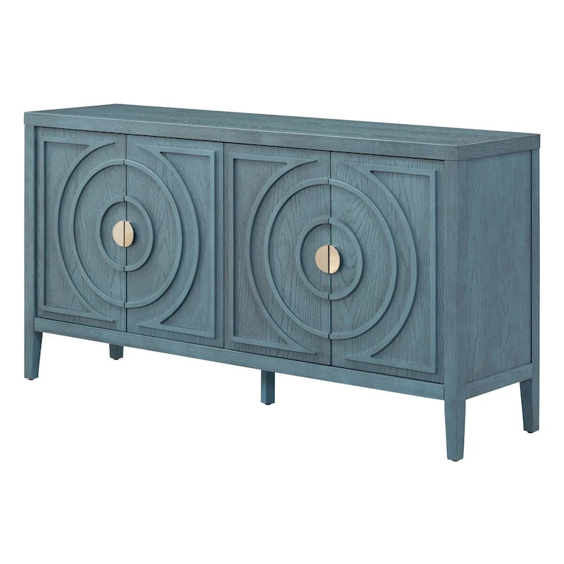 Bahut rétro avec portes à rainures circulaires et poignées rondes en métal – 60L x 16P x 32H