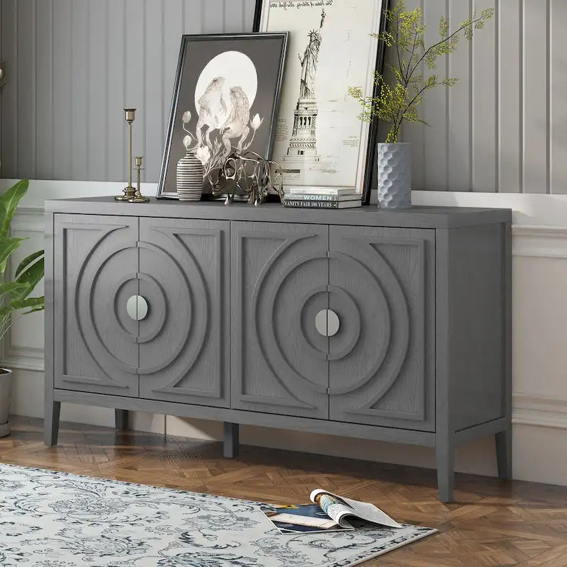 Bahut rétro avec portes à rainures circulaires et poignées rondes en métal – 60L x 16P x 32H