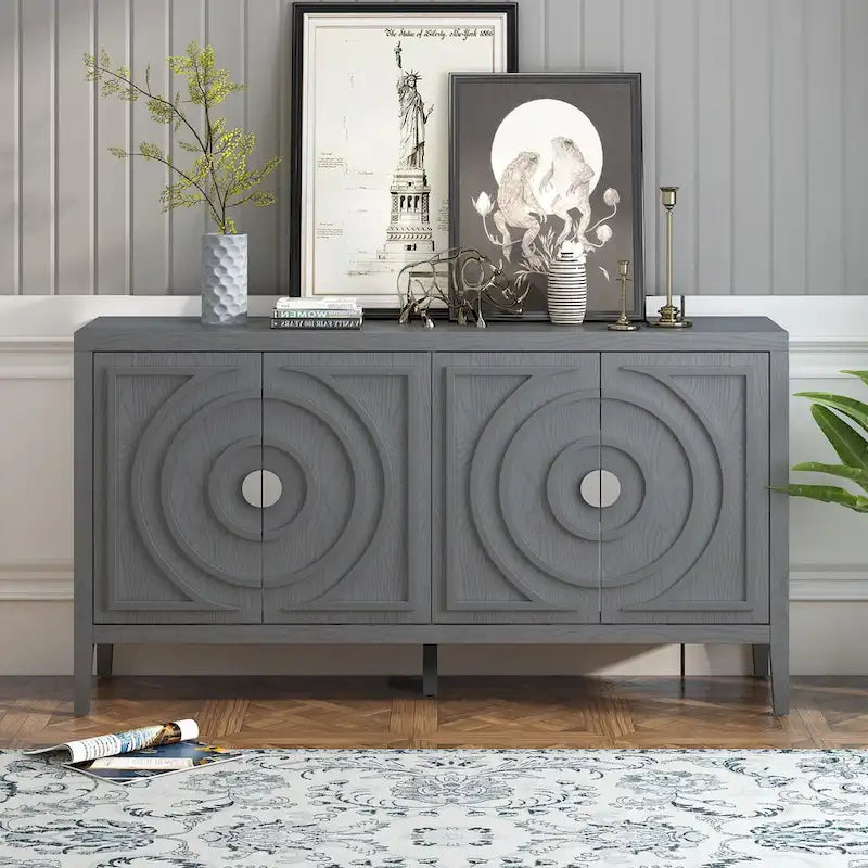 Bahut rétro avec portes à rainures circulaires et poignées rondes en métal – 60L x 16P x 32H