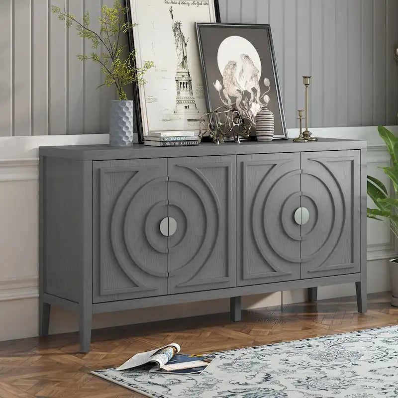 Bahut rétro avec portes à rainures circulaires et poignées rondes en métal – 60L x 16P x 32H