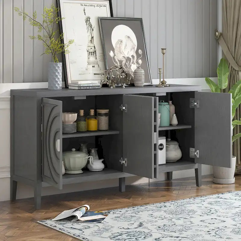 Bahut rétro avec portes à rainures circulaires et poignées rondes en métal – 60L x 16P x 32H