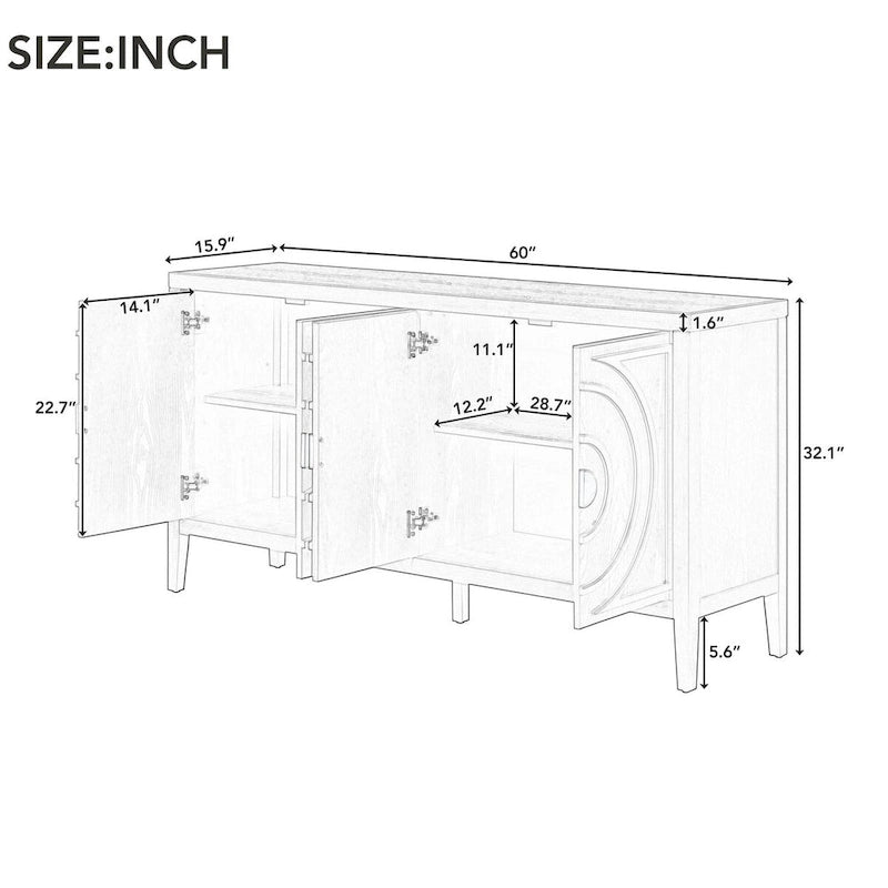 Bahut rétro avec portes à rainures circulaires et poignées rondes en métal – 60L x 16P x 32H