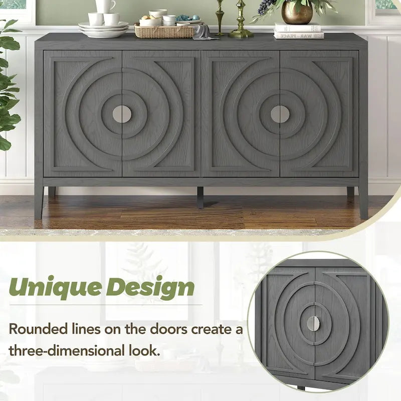 Bahut rétro avec portes à rainures circulaires et poignées rondes en métal – 60L x 16P x 32H