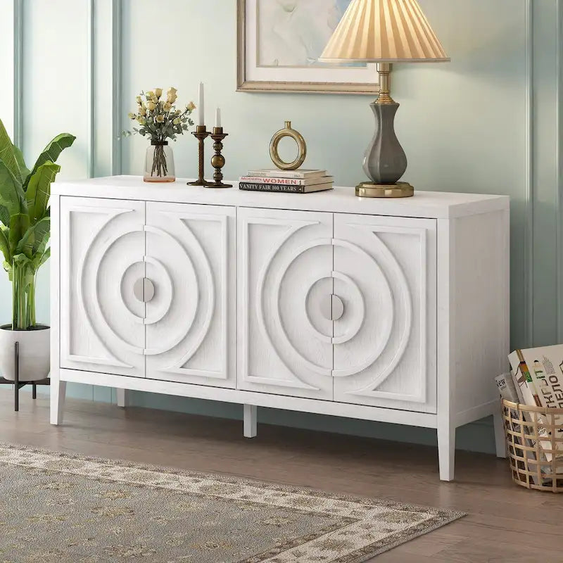 Bahut rétro avec portes à rainures circulaires et poignées rondes en métal – 60L x 16P x 32H