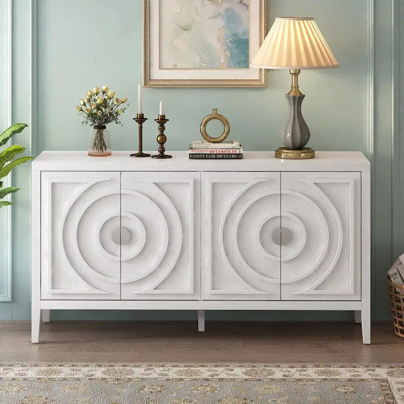 Bahut rétro avec portes à rainures circulaires et poignées rondes en métal – 60L x 16P x 32H