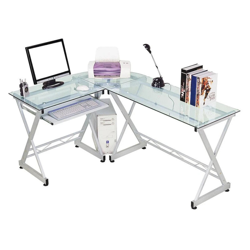 Bureau d'angle en verre trempé en L