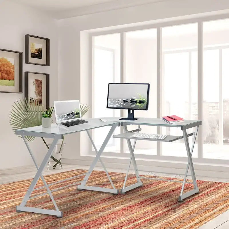 Bureau d'angle en verre trempé en L