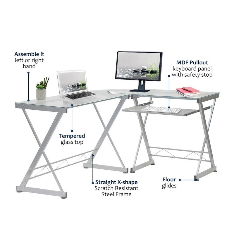 Bureau d'angle en verre trempé en L