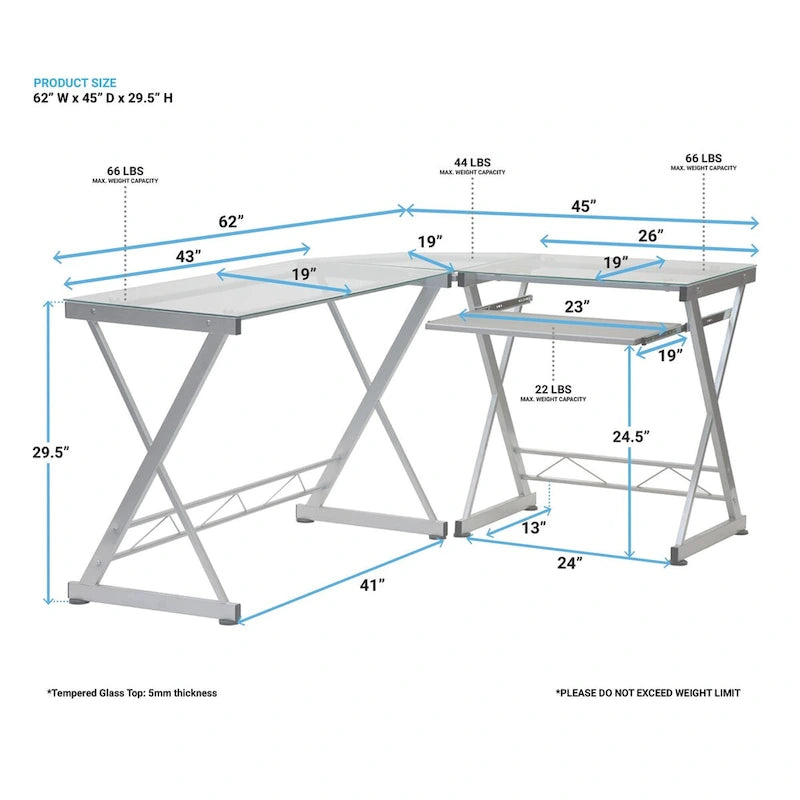 Bureau d'angle en verre trempé en L