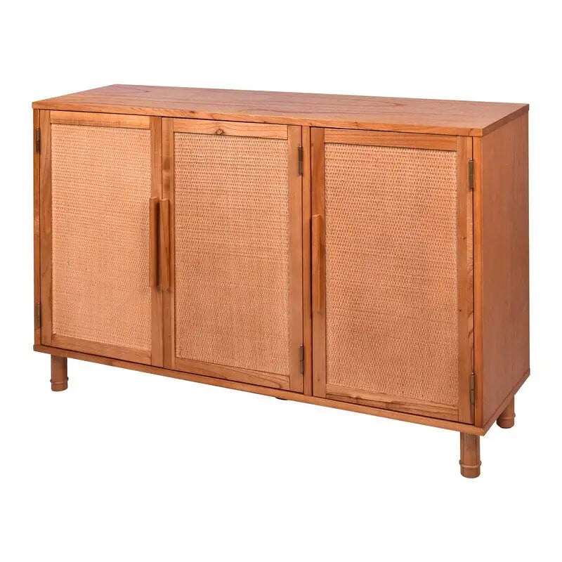 Armoire de rangement 3 portes en bois blond clair avec panneaux en rotin
