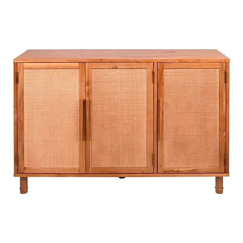 Armoire de rangement 3 portes en bois blond clair avec panneaux en rotin