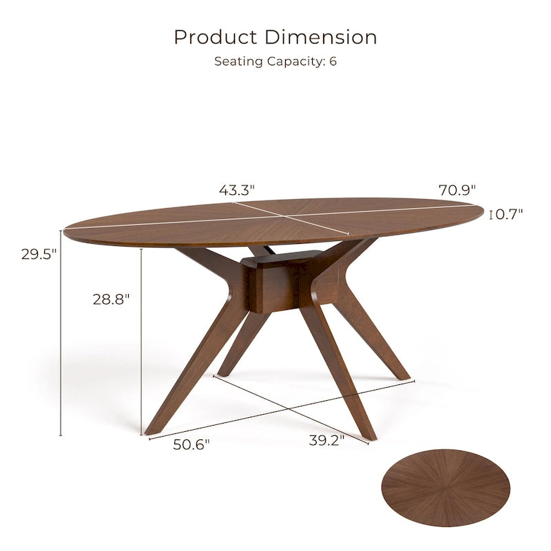 Table de salle à manger ovale en noyer de style Mid-Century Modern de 71 pouces