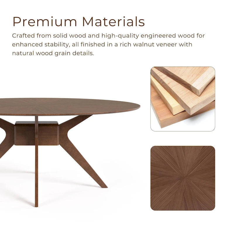 Table de salle à manger ovale en noyer de style Mid-Century Modern de 71 pouces