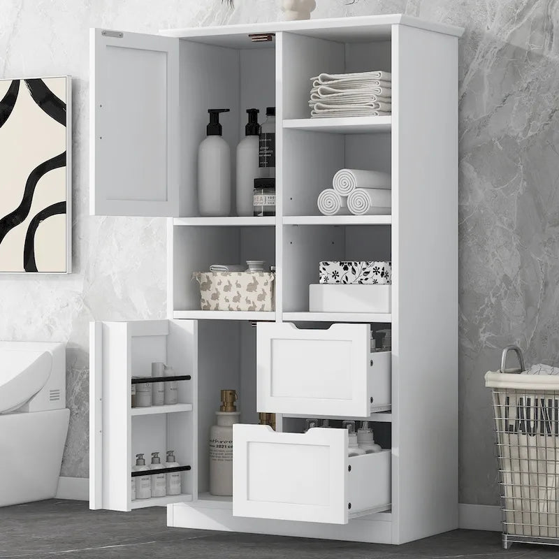 Meuble de rangement de salle de bain autoportant avec portes et tiroirs